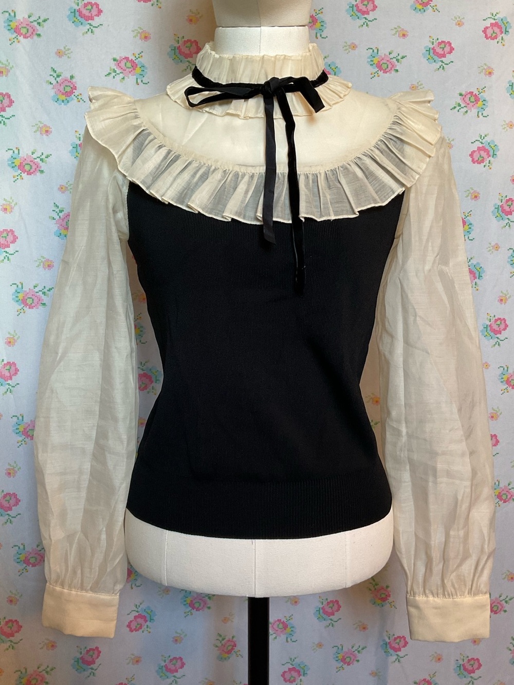 Zara Black Knit Top with Ruffle Collar and Sleeves